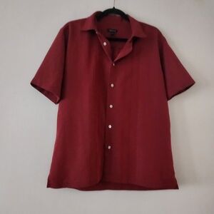 Van Heusen Burgundy Short Sleeve Button Up Shirt Retro 70s Style Embroidered MED